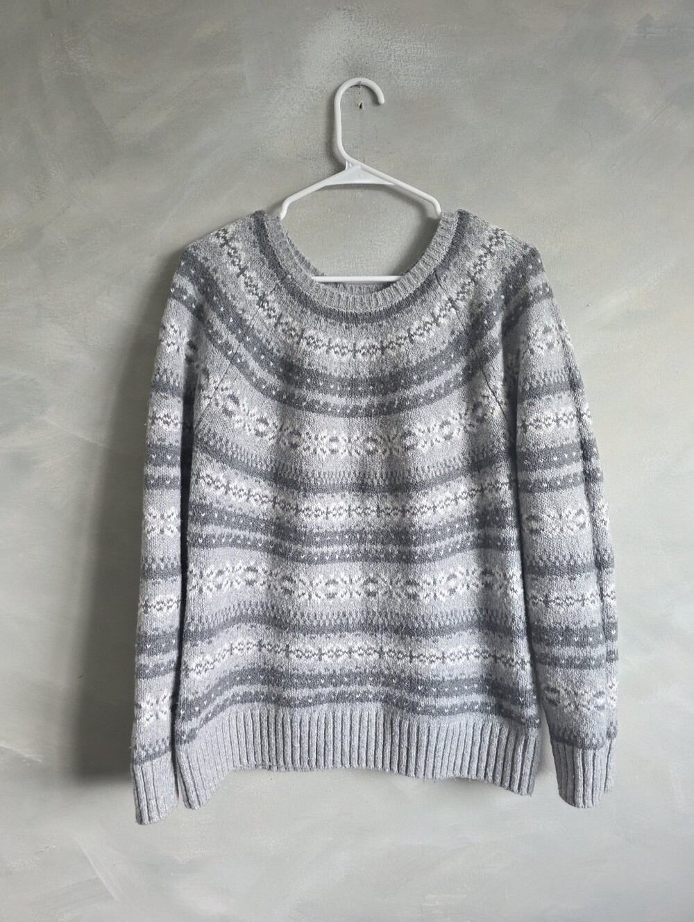 Abercrombie & Fitch Gray White Knit Fair Isle Crewneck Sweater Sz L Cotton